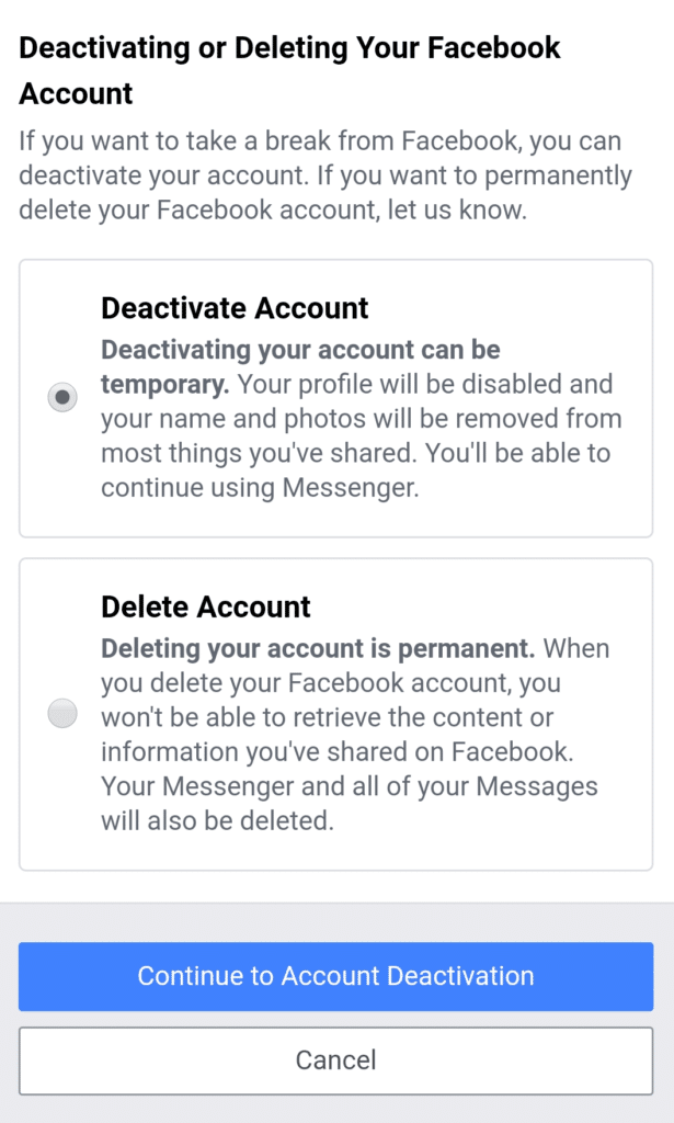 Delete facebook account